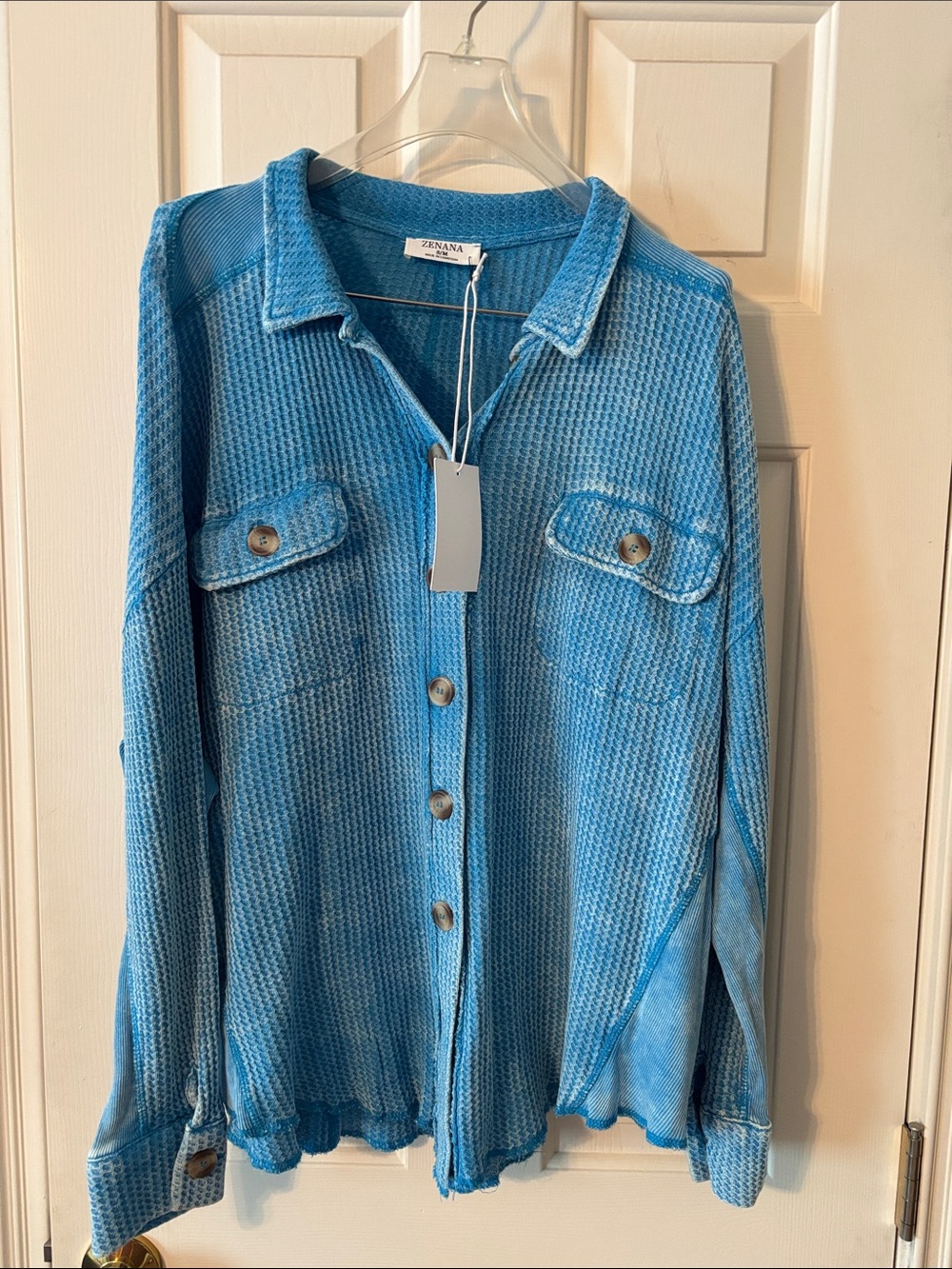 Zenana Outfitters Sky Blue Button-Front Waffle Knit Cardigan